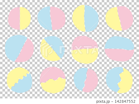 半分に分割された手描きのゆるい円のシェイプセット（黄色・水色・ピンク） 142847552