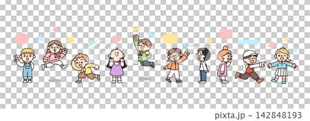 A set of illustrations featuring 10 energetic and positive children: 5 boys and 5 girls. A set of illustrations featuring 10 energetic and positive children: 5 boys and 5 girls. 142848193