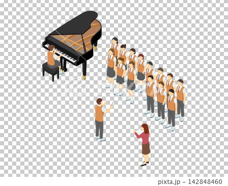 Isometric illustration: High school students (summer uniforms) practicing choir. Isometric illustration: High school students (summer uniforms) practicing choir. 142848460