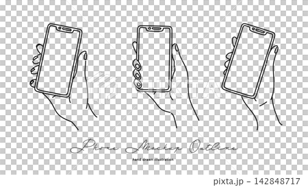Hand-drawn illustration set of hands holding a smartphone 142848717