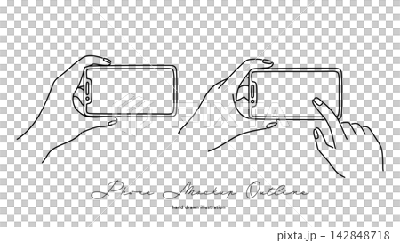 A hand-drawn illustration of a hand holding a smartphone horizontally. 142848718