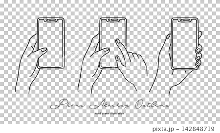 A set of stylish illustrations of hands operating a smartphone. 142848719