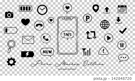手描きのスマホとアイコンのベクターイラストセット 142848720