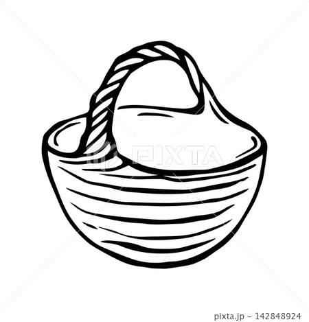 Round woven basket with handle. Isolated vector EPS object. Line art hand drawn illustration in black ink. Cottagecore, rustic, doodle. Outline sketch wicker bin for rural, farming, gardening desing. Round woven basket with handle. Isolated vector EPS object. Line art hand drawn illustration in black ink. Cottagecore, rustic, doodle. Outline sketch wicker bin for rural, farming, gardening desing. 142848924