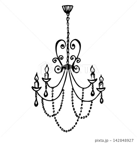 Old vintage wrought chandelier with candles, scrollwork and pendants. Isolated vector EPS. Line art hand drawn illustration in black ink. Cottagecore. Outline sketch decorative retro ceiling lamp. Old vintage wrought chandelier with candles, scrollwork and pendants. Isolated vector EPS. Line art hand drawn illustration in black ink. Cottagecore. Outline sketch decorative retro ceiling lamp. 142848927