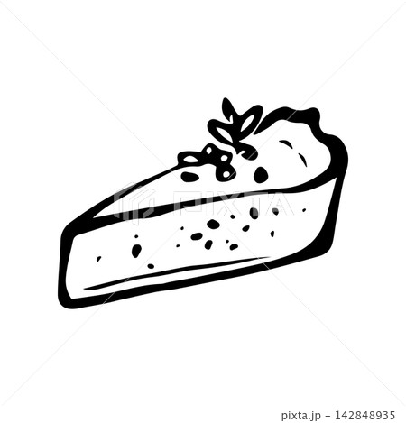 Slice of berry pie. Isolated vector EPS portion of cake. Line art hand drawn illustration in black ink. Cottagecore, doodle. Outline sketch of sweet pastries for menu, birthday, party and holiday. Slice of berry pie. Isolated vector EPS portion of cake. Line art hand drawn illustration in black ink. Cottagecore, doodle. Outline sketch of sweet pastries for menu, birthday, party and holiday. 142848935