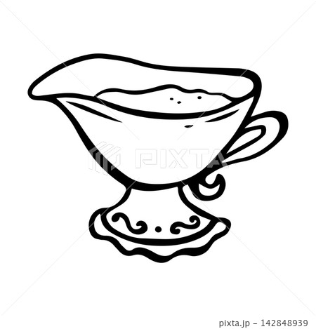 Gravy boat with sauce. Isolated vector EPS vintage sauceboat. Line art hand drawn illustration in black ink. Outline sketch elegant ceramic sauce dish for kitchen design, for food blogs and articles. Gravy boat with sauce. Isolated vector EPS vintage sauceboat. Line art hand drawn illustration in black ink. Outline sketch elegant ceramic sauce dish for kitchen design, for food blogs and articles. 142848939