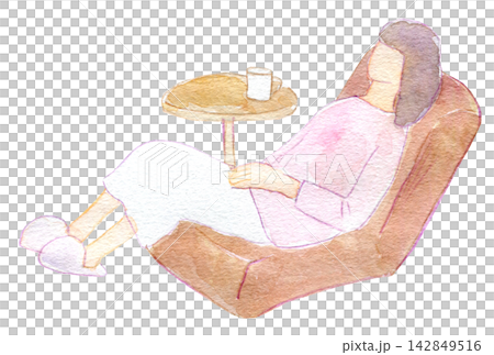 水彩插畫,手繪插畫:一位女士在地椅上放鬆休息。 水彩插畫,手繪插畫:一位女士在地椅上放鬆休息。 142849516