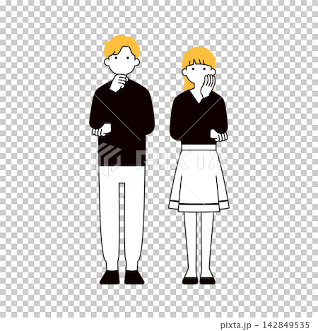 A set of simple full-body vector illustrations of young men and women in thinking, troubled, or worried poses - Silhouette 142849535