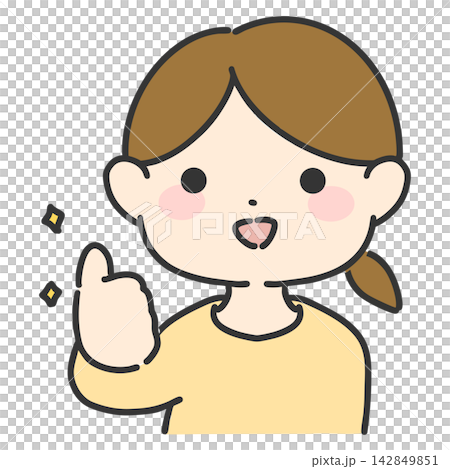 Hand-drawn vector illustration of a woman making a thumbs-up sign with one hand; a simple female facial expression icon. Hand-drawn vector illustration of a woman making a thumbs-up sign with one hand; a simple female facial expression icon. 142849851