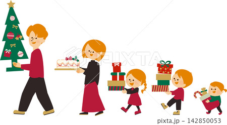 クリスマス プレゼントを抱えて歩くファミリー かわいいイラスト素材 クリスマス プレゼントを抱えて歩くファミリー かわいいイラスト素材 142850053