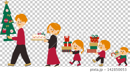クリスマス プレゼントを抱えて歩くファミリー かわいいイラスト素材 クリスマス プレゼントを抱えて歩くファミリー かわいいイラスト素材 142850053