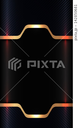 Dark luxury background template with metallic gold curved border frame abstract carbon fiber texture red neon light effect high tech futuristic layout, mobile wallpaper vector banner design 142850681