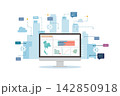 Computer screen position with business analysis app dashboard with urban city background. 142850918