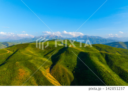 Aerial View of Green Rolling Hills and Snow-Capped Mountains Aerial View of Green Rolling Hills and Snow-Capped Mountains 142851237