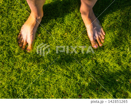 Bare Feet on Lush Green Grass Under Sunlight 142851265