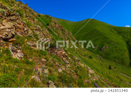 Rocky Mountainside and Lush Green Hills in Kyrgyzstan 142851340