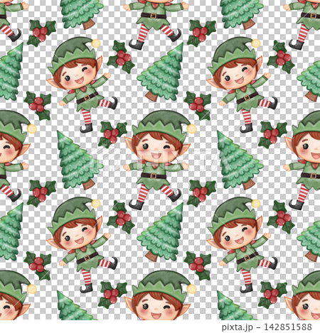 Seamless pattern of Christmas cartoon cute. Hand drawn watercolor illustration. For menus, labels, paper, textiles and seasonal fabric transparent background. Seamless pattern of Christmas cartoon cute. Hand drawn watercolor illustration. For menus, labels, paper, textiles and seasonal fabric transparent background. 142851588