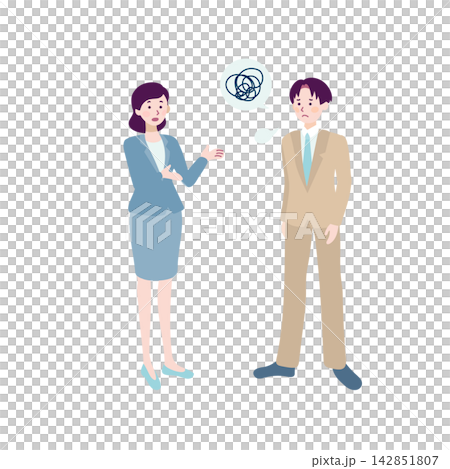 Full-body illustration of a male and female business person struggling to communicate effectively. Full-body illustration of a male and female business person struggling to communicate effectively. 142851807