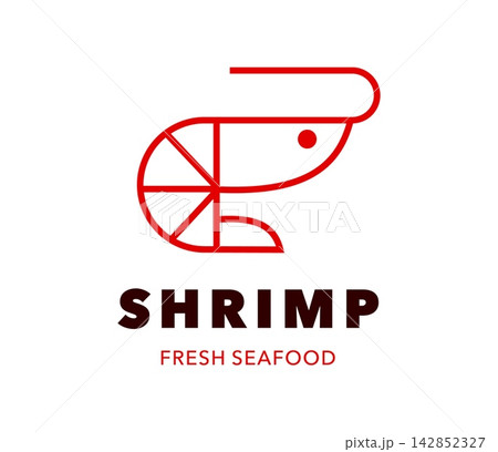 Seafood shrimp icon featuring outline prawn. Modern red and white shrimp symbol with eye, shell and antennae for seafood restaurants, fish markets, sushi bars, shrimp farms and delivery services 142852327