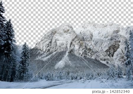 A snow-covered mountain range looms behind a snow-dusted pine forest A snow-covered mountain range looms behind a snow-dusted pine forest 142852340