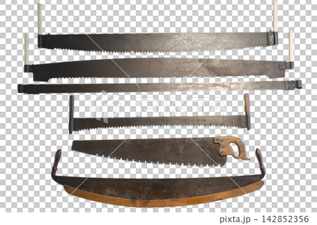 The image displays a collection of antique saws of various sizes. The image displays a collection of antique saws of various sizes. 142852356