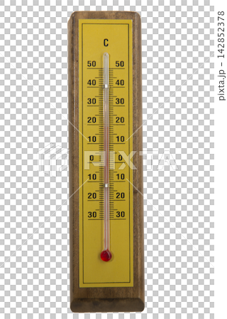 A wooden thermometer with a yellow face A wooden thermometer with a yellow face 142852378