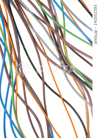 A close-up abstract image features a tangle of multicolored wires A close-up abstract image features a tangle of multicolored wires 142852393