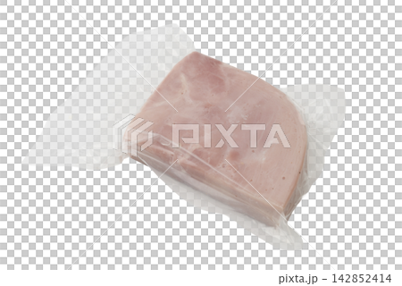 A slice of pink ham is vacuum-sealed in clear plastic packaging. A slice of pink ham is vacuum-sealed in clear plastic packaging. 142852414