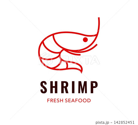 Seafood shrimp icon for restaurant cuisine emblem or sushi bar menu sign. Red shrimp or prawn in thin line design for fresh fish market store or seafood kitchen and shop product package symbol Seafood shrimp icon for restaurant cuisine emblem or sushi bar menu sign. Red shrimp or prawn in thin line design for fresh fish market store or seafood kitchen and shop product package symbol 142852451