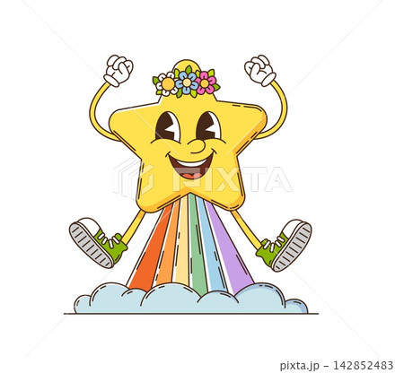 Cartoon groovy star character in hippie flowers wreath on rainbow with happy face. Groovy funny Y2K star character with comic smile flying up on rainbow jet with funky silly positive emotions 142852483