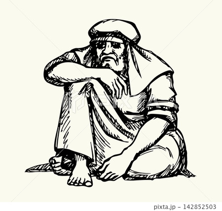 Vector drawing. Ancient man sitting on the ground 142852503