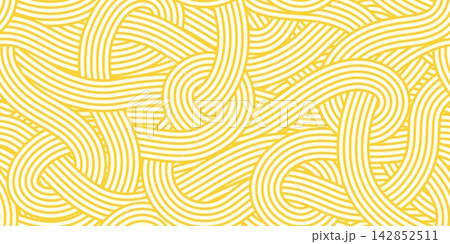 Oriental ramen noodles and Italian pasta seamless pattern with Asian spaghetti background. Noodles pattern Chinese or Japanese udon or vermicelli food background of yellow wave lines with wavy curves 142852511