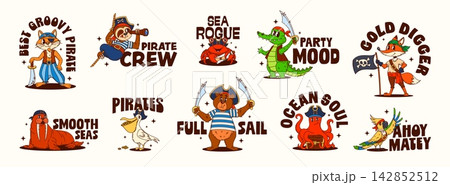 Cartoon Y2K groovy animal pirates and bird corsair stickers with funny characters. Pirate stickers with groovy zoo crew of bear captain, parrot skipper and funky monkey sailor with piracy quotes Cartoon Y2K groovy animal pirates and bird corsair stickers with funny characters. Pirate stickers with groovy zoo crew of bear captain, parrot skipper and funky monkey sailor with piracy quotes 142852512