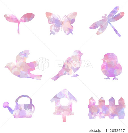 手描きの鳥と庭の自然モチーフ9点セット 手描きの鳥と庭の自然モチーフ9点セット 142852627