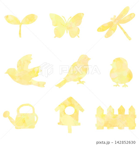 手描きの鳥と庭の自然モチーフ9点セット 142852630