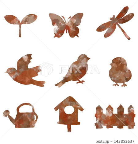 手描きの鳥と庭の自然モチーフ9点セット 142852637