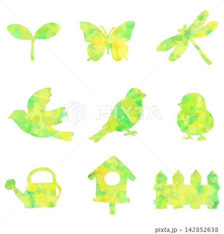手描きの鳥と庭の自然モチーフ9点セット 手描きの鳥と庭の自然モチーフ9点セット 142852638