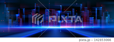 Futuristic smart city skyline with neon buildings Futuristic smart city skyline with neon buildings 142853066