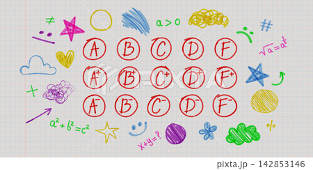 Hand drawn school math grades and exam marks 142853146