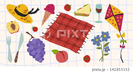 Hand drawn picnic blanket with food and wine Hand drawn picnic blanket with food and wine 142853152