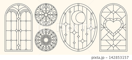 Gothic church windows with ornate arch frame Gothic church windows with ornate arch frame 142853157