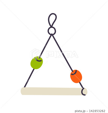 Simple bird cage swing with wooden perch and colorful beads, flat cartoon pet toy for parrots and budgies. Triangle rope hanging swing with balls, aviary enrichment accessory vector illustration 142853262