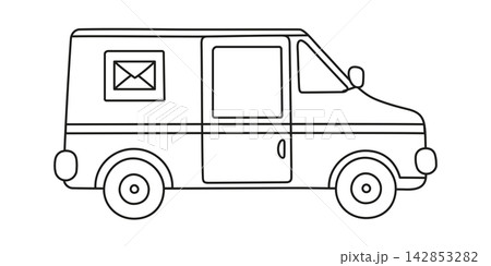 Cute mail delivery van icon, black and white outline vector illustration for kids coloring page. Postal service vehicle with envelope logo, children transport line art drawing 142853282