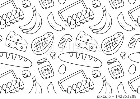 Black and white grocery food seamless pattern, outline egg carton, banana, sausage, cheese, baguette, peanut butter jar and milk carton. Supermarket products and groceries line art vector illustration Black and white grocery food seamless pattern, outline egg carton, banana, sausage, cheese, baguette, peanut butter jar and milk carton. Supermarket products and groceries line art vector illustration 142853289