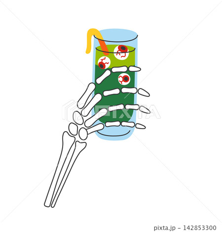Halloween skeleton hand holding green spooky cocktail with eyeball garnishes and straw, flat cartoon bone hand with creepy horror party drink. Haunted celebration, trick or treat vector illustration 142853300