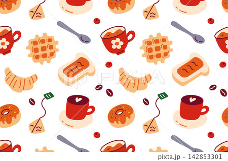 Cozy tea and pastry seamless pattern, flat cartoon coffee cups, tea bags, waffles, croissants, toast with jam, donuts, latte with heart and coffee beans. Cafe breakfast and bakery vector illustration Cozy tea and pastry seamless pattern, flat cartoon coffee cups, tea bags, waffles, croissants, toast with jam, donuts, latte with heart and coffee beans. Cafe breakfast and bakery vector illustration 142853301