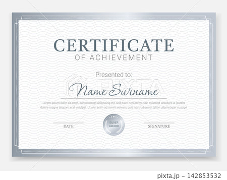 Elegant Silver Diploma with Decorative Border, Achievement Title and Silver Award Seal. Vector Certificate Template. Horizontal Format 142853532