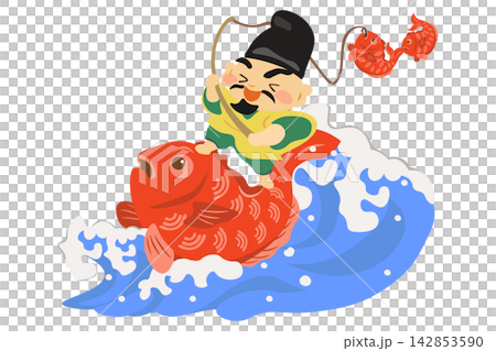 A dynamic illustration of Ebisu riding on a sea bream and fishing for sea bream, bringing good fortune. A dynamic illustration of Ebisu riding on a sea bream and fishing for sea bream, bringing good fortune. 142853590