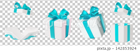 Set of white gift boxes with turquoise ribbons in various angles. Festive packaging for gifts, celebrations, and product photography. 142853924